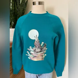 Vintage Howling Coyote Graphic Sweatshirt USA‎ Made Teal Medium thumbnail 7