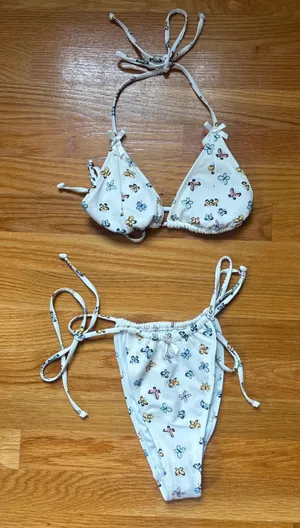 PacSun Swim Eco Butterfly Print Triangle Bikini Set White Multi Bows XS thumbnail 1