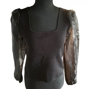 House of Harlow 1960 Black Sheer Sleeve Top Square Neck Knit M thumbnail 3