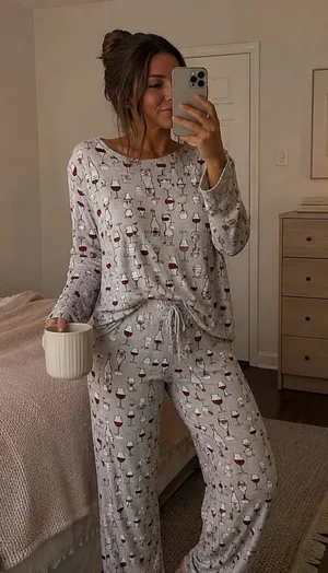 Women's Wine Glass Print Long Sleeve Pajama Set - Cream/Red thumbnail 1