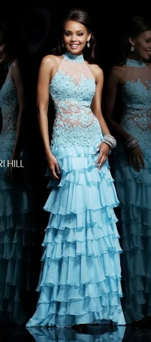 Sherri Hill 11052 Aqua Lace Tiered Ruffle Gown – NWT – Size 4 – $498 Retail thumbnail 1