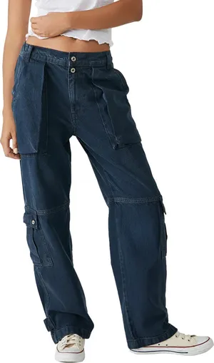 Free People We The Free Black Wash Marx Cargo Baggy Laid Back Denim Pants Jeans thumbnail 1