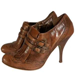 Vintage Enzo Angiolini Brown Leather Fringe Heels Double Buckle Pumps Size 7M thumbnail 2