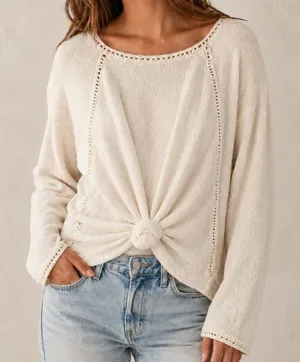 Anthropologie Sweater Women Small Cream Front Tie Knot Crochet Lace Cotton Blend thumbnail 1