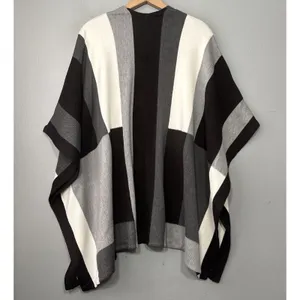 White House | Black Market Sweater Wrap One Size Black White Colorblock Artsy Chic Poncho Geometric thumbnail 5