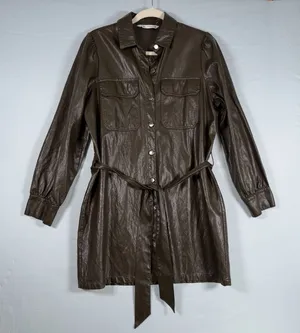 Zara Size-M Womens Mini Dress Green Faux Leather‎ Long Sleeve Belted thumbnail 1