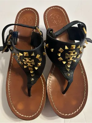 Tory Burch Black Leather Studded Thong Sandals with Gold Emblem thumbnail 1