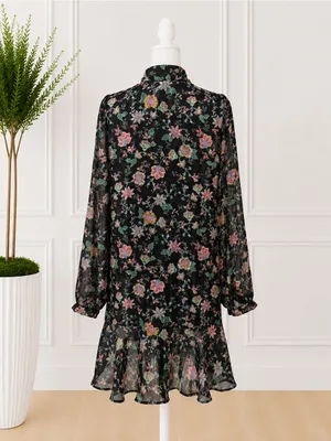 Banana Republic Black Floral Sheer Tie-Neck Ruffle Hem Dress Women’s M Romantic thumbnail 5