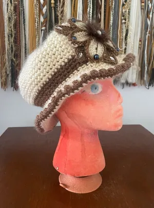 Crocheted Cream and Brown Knit Hat vintage looks thumbnail 1