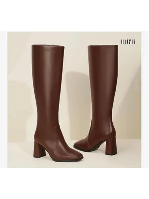 NEW Brown Vegan Leather Knee High Boots Square Toe Chunky 3” Heel Tall 10 thumbnail 9