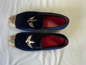 JITAI Men's Navy Blue Velvet Loafers - Gold Spiked Toe & Winged Sword Emblem - Size 10 thumbnail 7