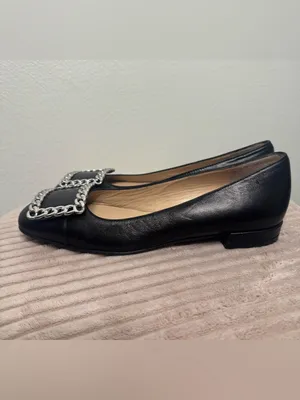 Stuart Weitzman Black Leather Chain-Trim Ballet Flats Shoes thumbnail 3