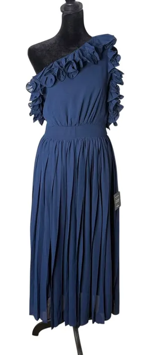 Lulus Navy Blue Ruffle Chiffon Midi Maxi‎ Dress Flowy One Shoulder Formal Size M thumbnail 1
