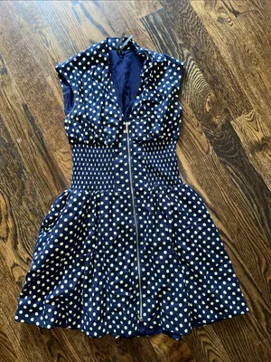 Anthropologie Tommie Cap sleeve Navy and Yellow Polka Dot Zip-Front Mini Dress thumbnail 5