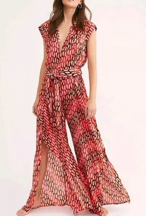 Free People Sahara Jumpsuit In Orange/Pink Abstract Print Wide Leg Boho Gypsy S thumbnail 1
