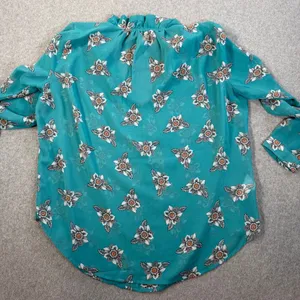 LOFT Outlet Women's Medium Sheer Teal Floral Ruffle Tie Neck Blouse Top thumbnail 9