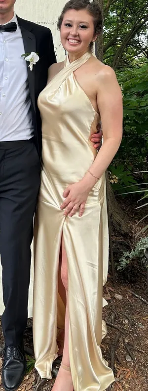 Pale yellow satin dress thumbnail 1