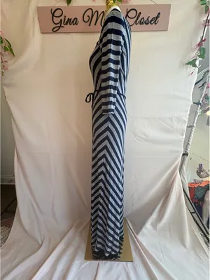 Calvin Klein Women's Navy and Gray Striped Maxi Dress with Tie Waist Size 4 thumbnail 3