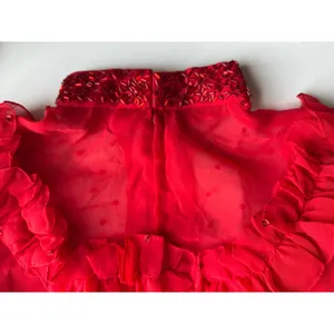 Vintage Red Ruffle & Crystal Embellished Long Sheer Dress Size Small thumbnail 6