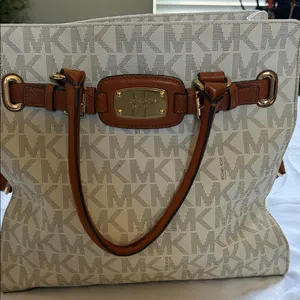 Michael Kors Cream and Brown MK Logo Tote with Gold Hardware thumbnail 1