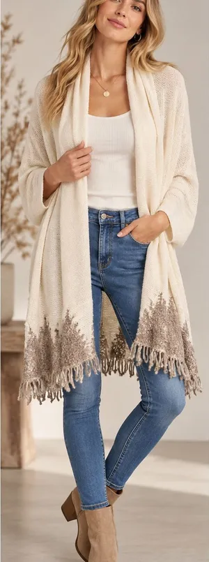 Anthropology Moth Cream Fringe Open-Front Knit Cardigan Sweater thumbnail 1