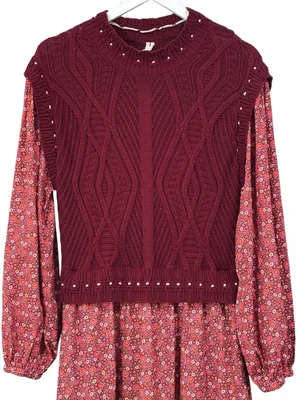 By Anthropologie Layered Burgundy Sweater Dress Size Large Womens thumbnail 3