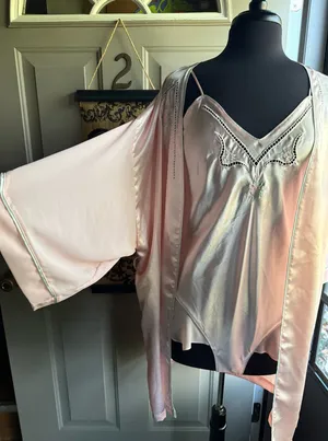 Vintage Val Mode pink chiffon trim satin bodysuit robe set, size medium thumbnail 1