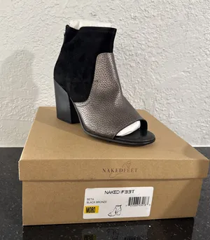Naked Feet Womens Beta Bootie Leather/Suede Upper Block Heel Peep Toe 8M Black thumbnail 1