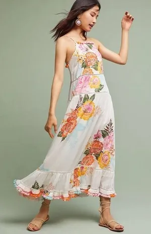 Anthropologie‎ FARM RIO Havana Floral Dress Midi Pom Poms Vacation Large Petite thumbnail 1