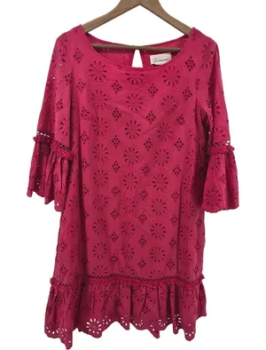 Anthropologie Dress Womens 10 Eyelet Shift Magenta Pink Bell Sleeve EUC thumbnail 1