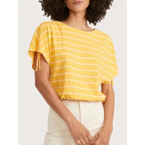 Marine Layer Womens Yellow White Striped Cotton Cinched Sleeve Blouse Top M thumbnail 2