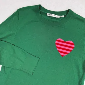 Trina Turk Womens Green‎ 100% Merino Wool Heart Graphic Pullover Sweater Small thumbnail 1