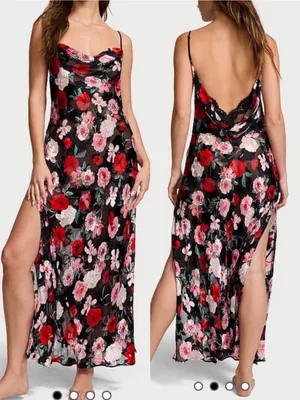Victoria’s Secret Atelier Noir Burnout Satin Silk Plunge Gown Maxi Slip Chemise thumbnail 2