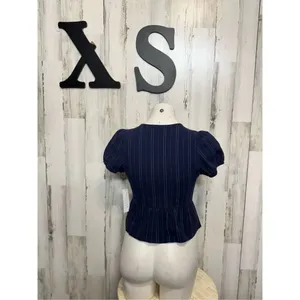 Kirious Los Angeles XS Navy Blue Pinstripe Tie-Front Peplum Top Puff Sleeve thumbnail 7