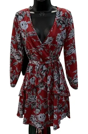 8th August Red Floral Long Sleeve Wrap Dress Ruffle Tiered‎ Skirt Size Small thumbnail 1