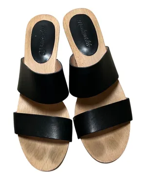 Madewell Black Leather Two-Strap Wooden Block Heel Clog Sandals Size 8 minimal thumbnail 1