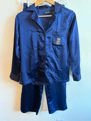 Lauren Ralph Lauren Women’s Royal Blue Satin Pajama Set with Crest thumbnail 1
