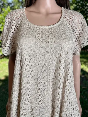 DressBarn Crochet Lace Tunic Top Large Beige Boho Swing Handkerchief Hem thumbnail 3