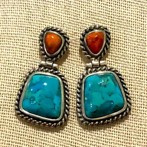 BARSE Sterling Silver Rope Edged Turquoise and Coral Drop Earrings thumbnail 8