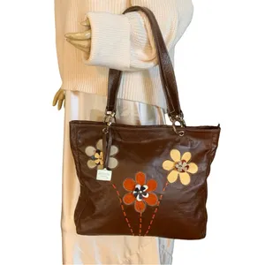 Arte Piel Brown Handcrafted W/Applique Flowers Leather Tote Shoulder Bag thumbnail 2