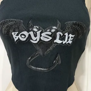 Boys Lie Tank Top One Size Black Bat Ribbed Crop Studded Gothic Y2K Streetwear thumbnail 7