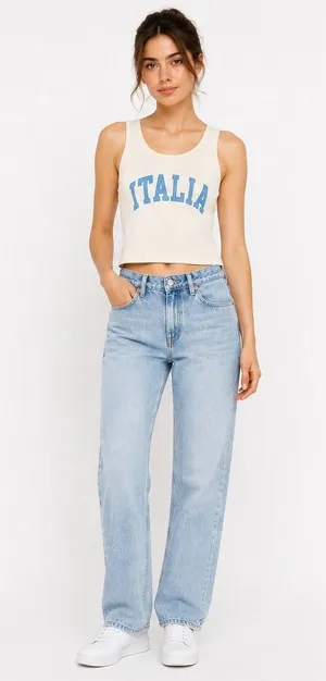 Italia Ribbed Crop Tank Top Womens One Size Cream Blue Graphic Made in Italy Y2K thumbnail 1