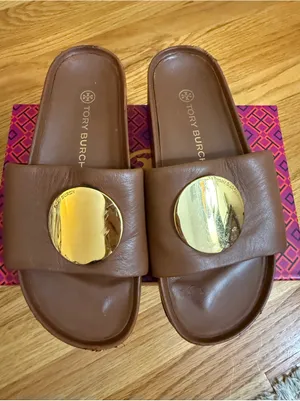 TORY BURCH Patos Disc Nappa Leather Platform Slide Sandals Size 7 M Burnt Cuoio thumbnail 1