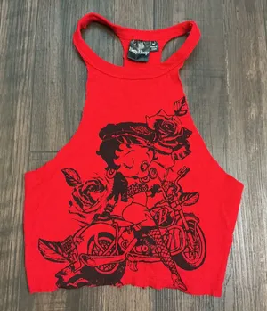 Betty Boop Graphic Biker Motorcycle Halter Crop Top Red Tie Back XS Y2K Edgy thumbnail 1