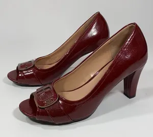 ETIENNE‎ AIGNER Dune Red Patent Vegan Open-Toe Heels Shoes Size 6.5M Buckles B42 thumbnail 1