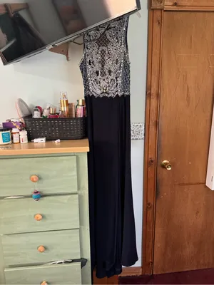 Dave & Johnny Navy and Silver Beaded Prom Gown thumbnail 2