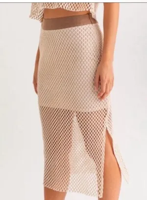 HUNTER & BROWN Leann Crochet Mesh Skirt & Crop Top Set Chic Beige SIZE XS NWT thumbnail 4