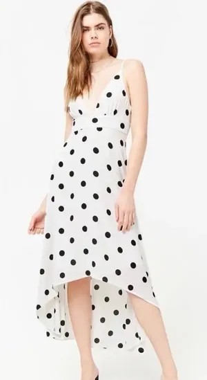 Women’s Large Polka Dot V-Neck Asymmetrical High-Low Dress - White/Black Summer thumbnail 1
