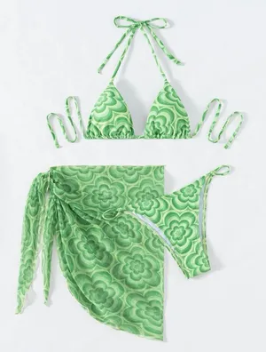 3piece Floral Bikini Set Green Size M thumbnail 1
