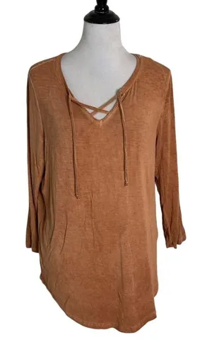 Buckle BOHO Lace Up CrissCross V Neck Top Size L Distressed Tee 3/4 Sleeve Grunge thumbnail 1
